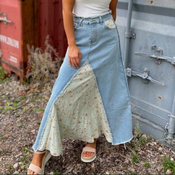 POL Dresses & Skirts - NWT POL floral patchwork denim maxi skirt